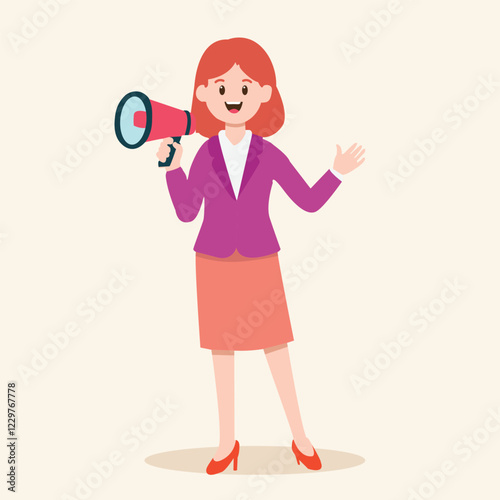 a Woman with a standard office outfit using a megaphone for hiring poster element