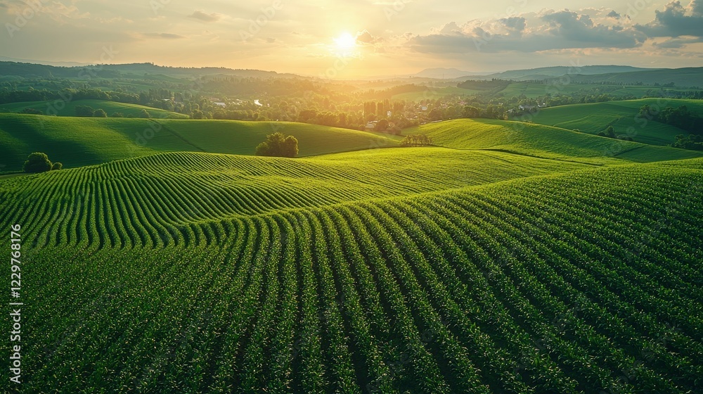 Vibrant green fields illuminated by a golden sunset over rolling hills in a serene rural landscape Vibrant green fields illuminated by a golden sunset over rolling hills in a serene rural landscape