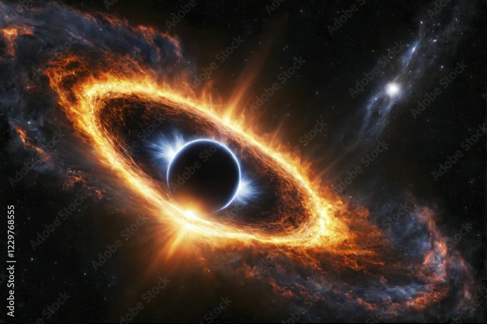 Fototapeta premium A glowing black hole with blue and orange fiery rings amidst a cosmic background dotted with stars, AI generated