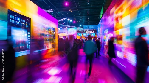 Wallpaper Mural Futuristic Trade Show Delight: Vibrant Technology Booths & Engaged Attendees with Motion Blur Excitement Torontodigital.ca