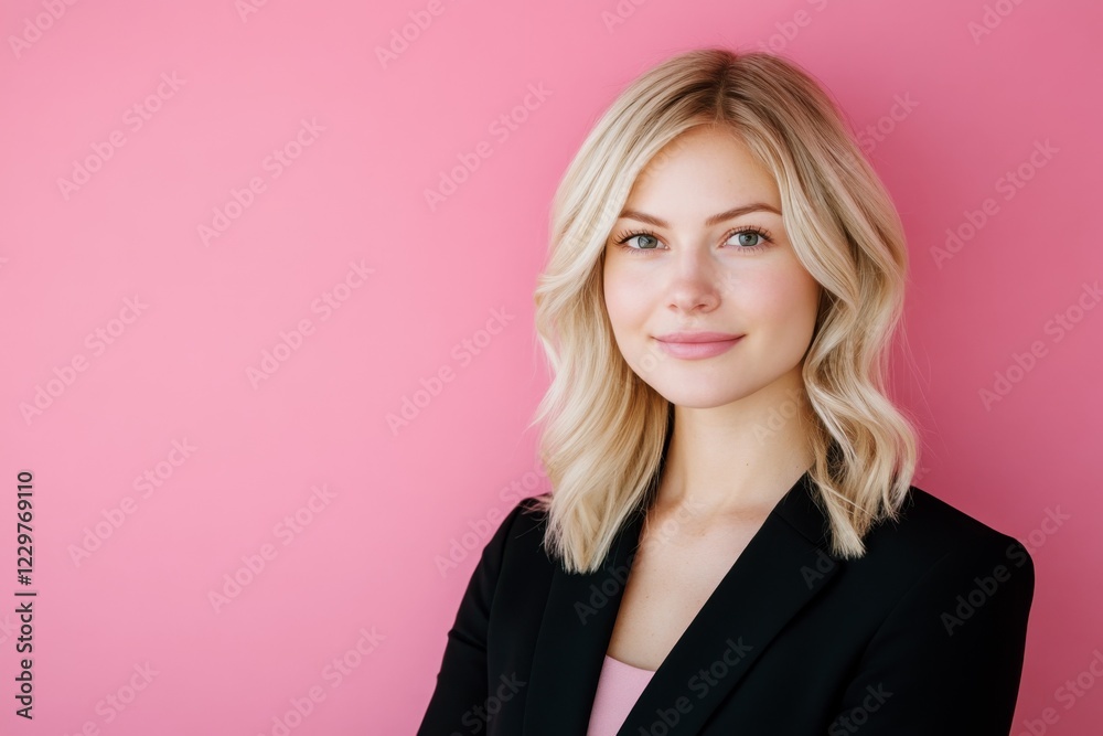 Portrait of a beautiful blond young business woman on a pink background