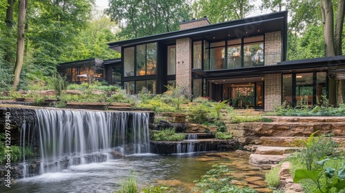 A stylish modern home with a waterfall feature blending into the garden.