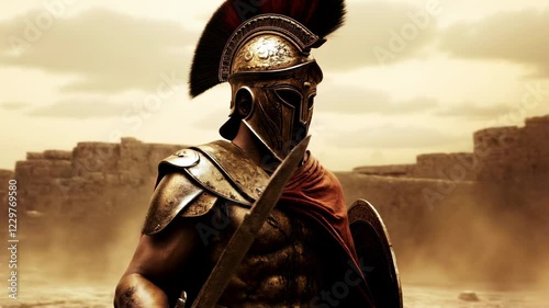Roman soldier, clad in a striking red cape and a sturdy helmet, stands out on the battlefield, ready for engagement in combat