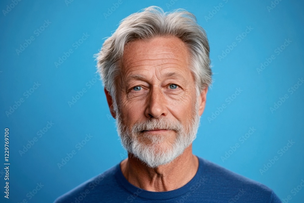Portrait of a senior man with grey hair and beard looking at the camera on blue background Portrait of a senior man with grey hair and beard looking at the camera on blue background