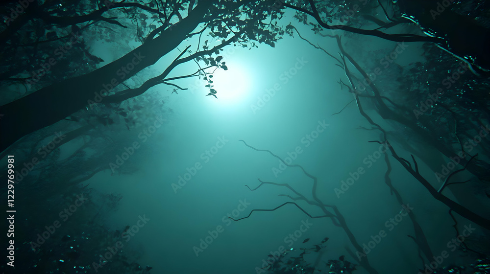 Obraz premium Moonlit foggy forest, low angle