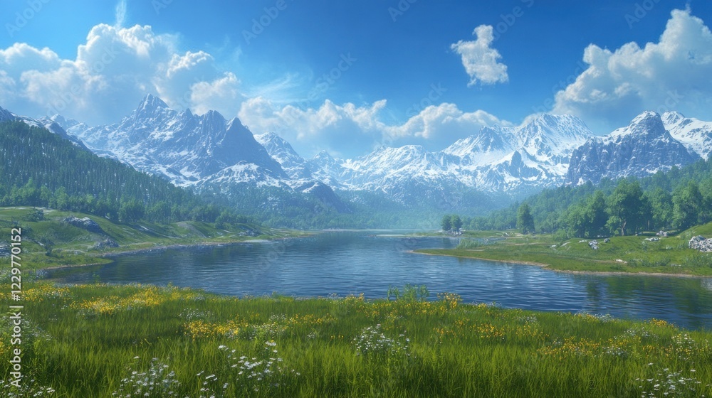Serene Mountain Lake with Lush Meadows and Snowy Peaks