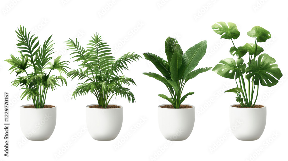 Fototapeta premium Indoor plants in modern white pots arranged neatly on a shelf in a bright room