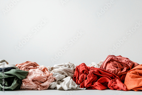Wrinkled piles of colorful fabric in various shades, including red, green, and beige, create textured visual. disarray evokes sense of casualness and creativity, fast fashion issues photo