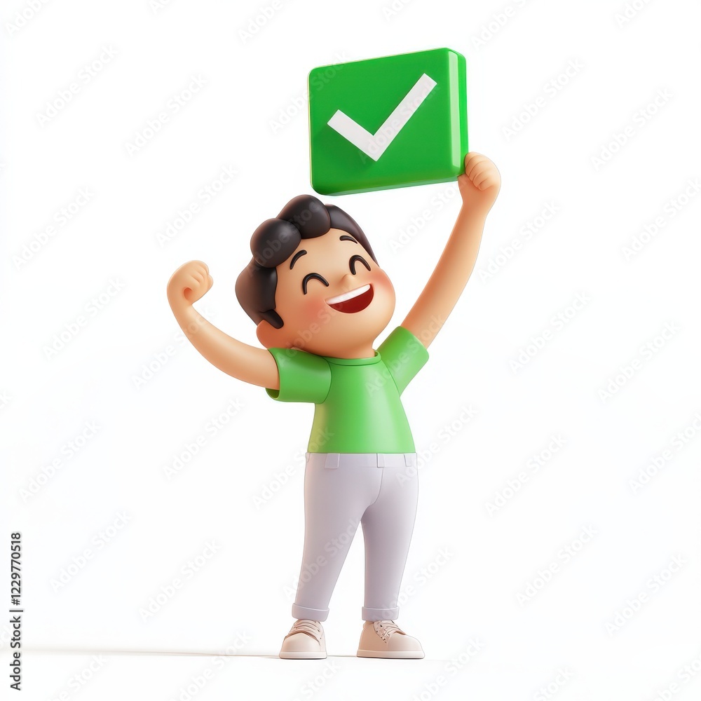 A cartoon man enthusiastically holds a green check mark in his hand