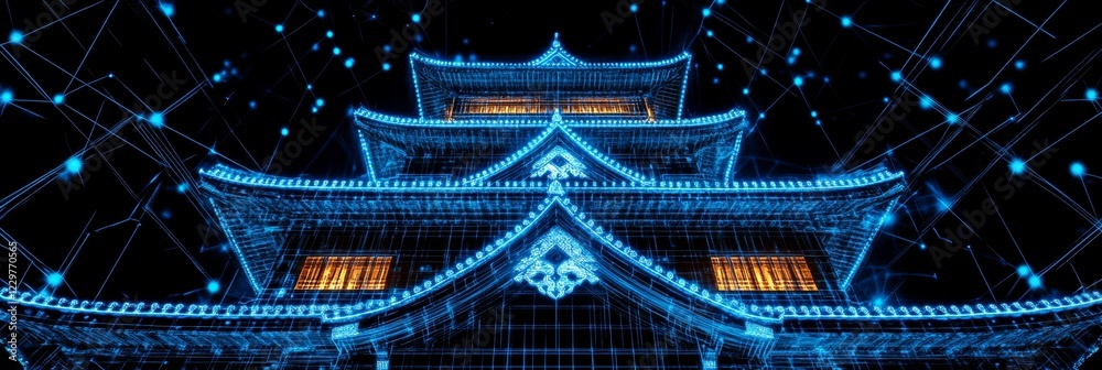 Fototapeta premium Osaka Castle, Japan, as a Blue Dotted Outline in an Abstract Digital Cyberspace Network Style
