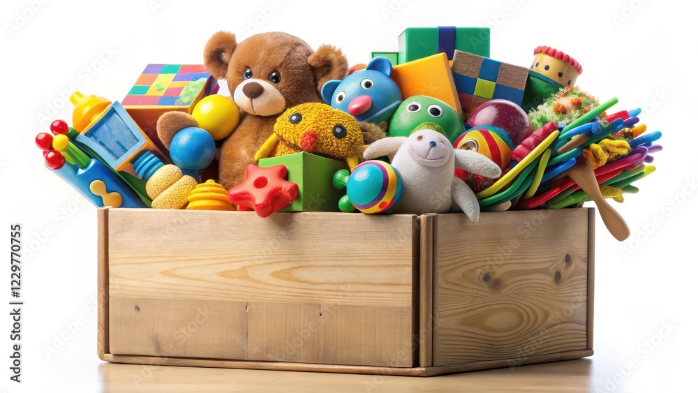 Obraz premium Colorful charity donation box overflowing with a variety of toys, books, and puzzles , playtime, educational