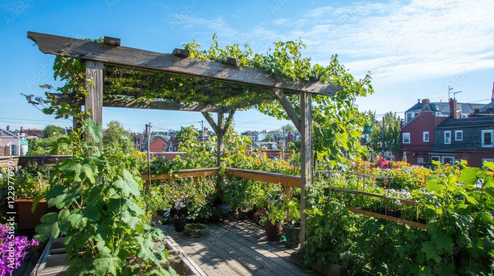 A tranquil rooftop terrace with a natural wood pergola covered in vines. A tranquil rooftop terrace with a natural wood pergola covered in vines.