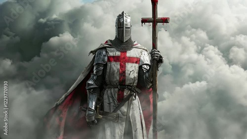Medieval crusader Warrior with armour and red cross. Cloud smoke on Background