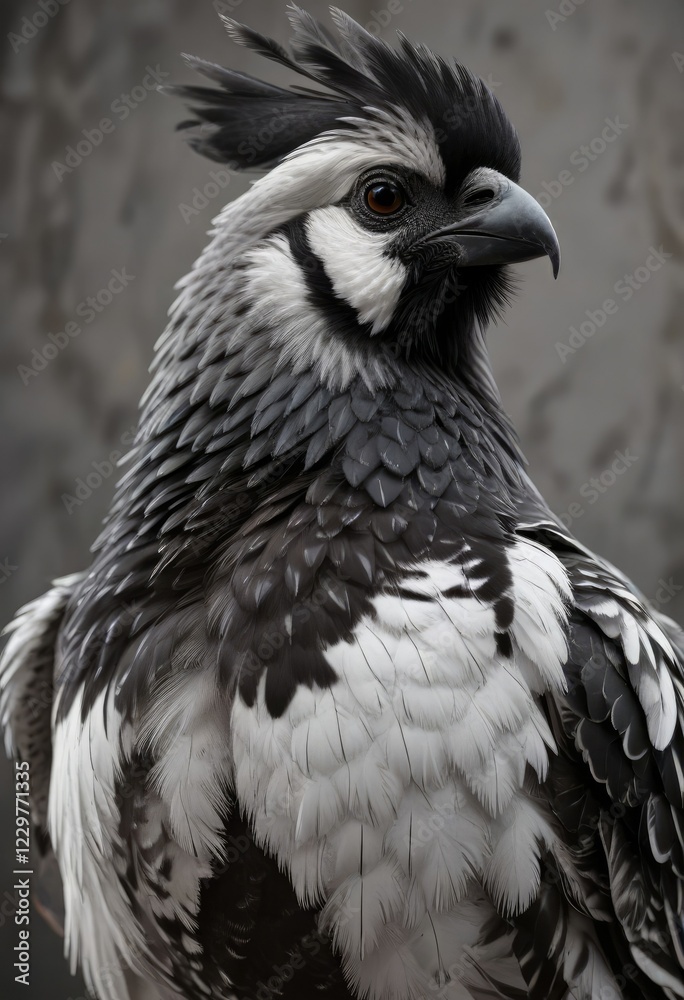 Fototapeta premium Brownish-gray plumage with distinctive black and white markings on the breast and belly, outdoor scene, , wintry background