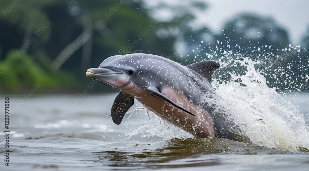 Fototapeta premium An action shot of a pink dolphin jumping out of dark water, with splashes around, AI generated