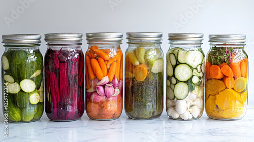 Colorful Jars of Pickled Vegetables on Display photo