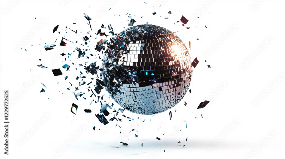 shattered disco ball with reflective fragments floating in space creates dynamic and vibrant visual. scene captures essence of celebration and nostalgia