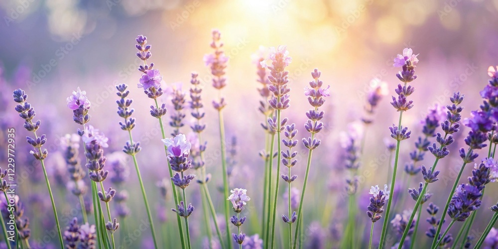 Naklejka premium Serene Lavender Field at Dawn, Bathed in Golden Sunlight, a Display of Delicate Purple Blooms and Vibrant Green Stems