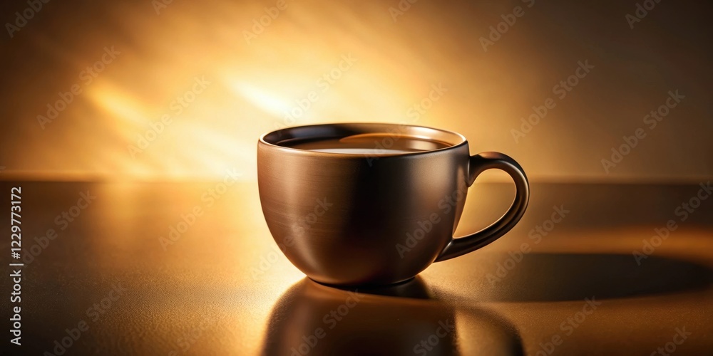 Obraz premium Warm golden light illuminates a dark bronze mug filled with a steaming beverage, creating a tranquil and inviting scene.