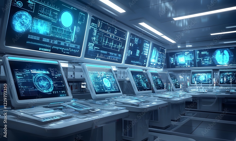 Futuristic medical control room monitoring patients Futuristic medical control room monitoring patients