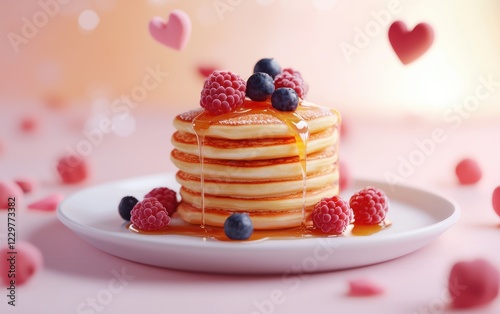 stack of fluffy pancakes drizzled with syrup and topped with fresh berries, placed on a white ceramic plate. Valentines Day and 8 March theme photo