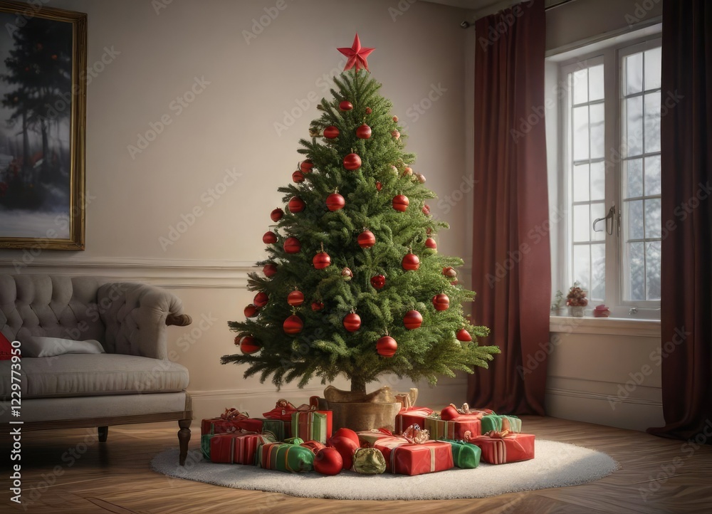 Classic spruce Christmas tree with traditional red and green ornaments, classic style, traditional christmas decorations