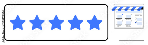 Five blue stars representing customer reviews next to an online storefront. Ideal for user feedback, rating systems, e-commerce trust, online business, digital marketing, quality assurance, customer