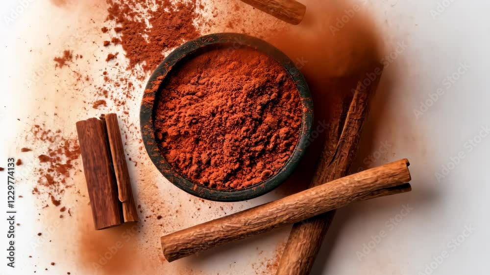 Bowl filled with cinnamon powder and a cinnamon stick. The cinnamon stick is placed on the right side of the bowl