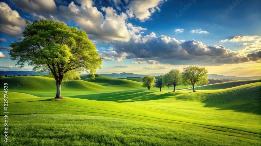 Obraz premium Serene Landscape of Rolling Green Hills and Lush Trees Under a Dramatic Sky