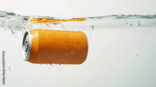 Fizzy orange soda can floating underwater with bubbles on a clear background photo