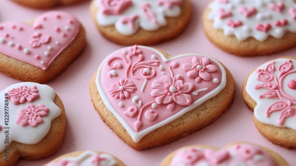 A close-up of Valentine cookies decorated with intricate floral icing patterns, on a light pink background A close-up of Valentine cookies decorated with intricate floral icing patterns, on a light pink background