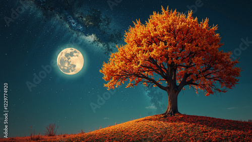 Stunning autumn maple tree under full moon with Milky Way, perfect for seasonal greeting cards, posters, and fall festival marketing. photo