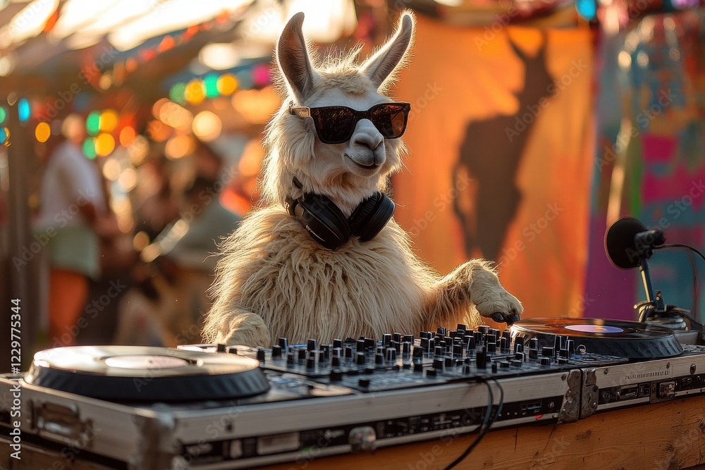 Naklejka premium Llama dj thrills crowd at colorful festival vibrant outdoor setting unique event experience