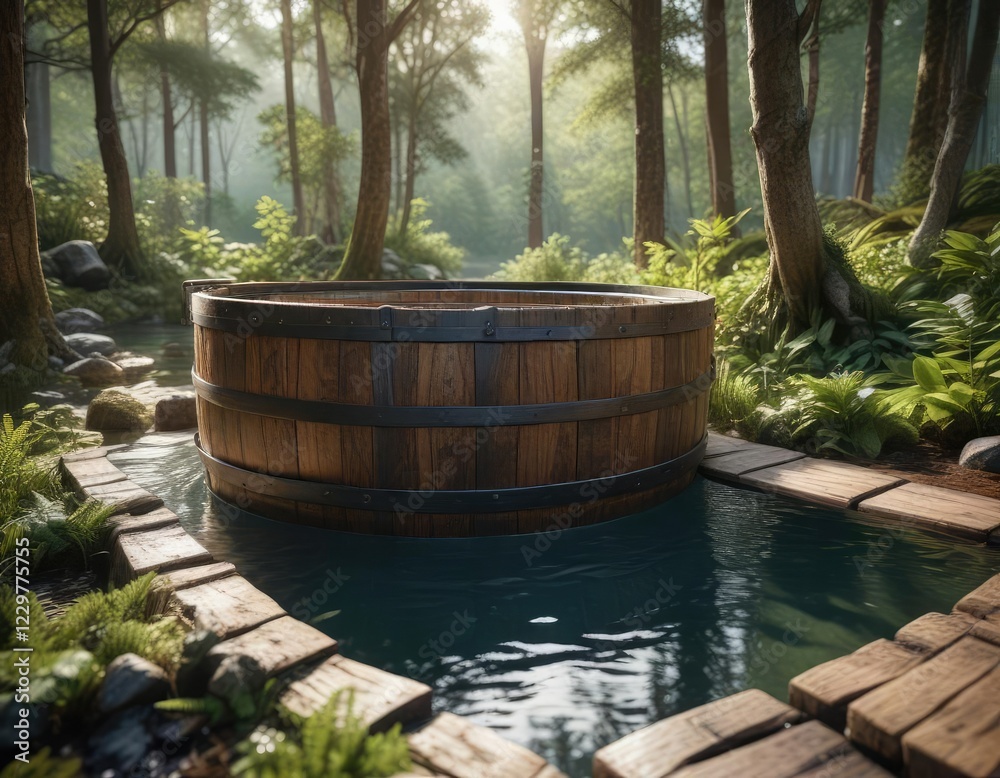 Close-up of wooden barrel cold plunge pool in a tranquil forest setting , picturesque, purity, clarity, close-up, clear Close-up of wooden barrel cold plunge pool in a tranquil forest setting , picturesque, purity, clarity, close-up, clear
