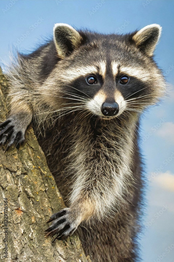 AI generated, animal, animals, mammal, mammals, biotope, habitat, a, individual, foraging, wildlife, raccoon (Procyon lotor), climbs, rests, tree