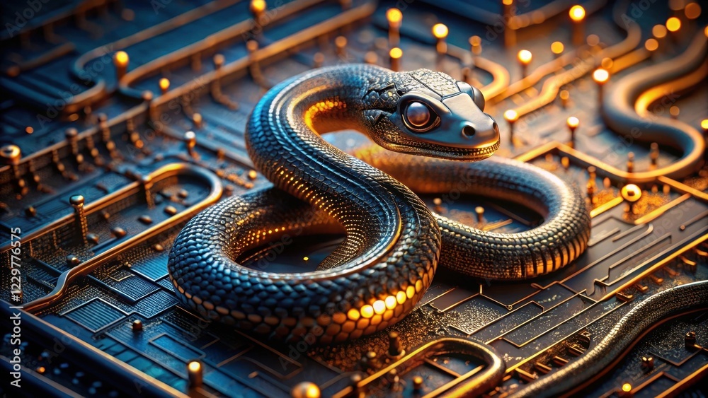 A metallic serpent coils atop a complex technological circuit board, illuminated by warm internal lights A metallic serpent coils atop a complex technological circuit board, illuminated by warm internal lights