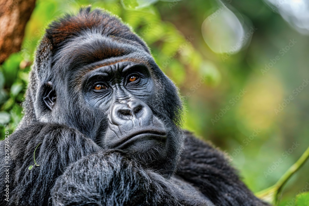 Obraz premium A calm looking gorilla (Gorilla) sits relaxed in the jungle with a green leafy background, AI generated, AI generated