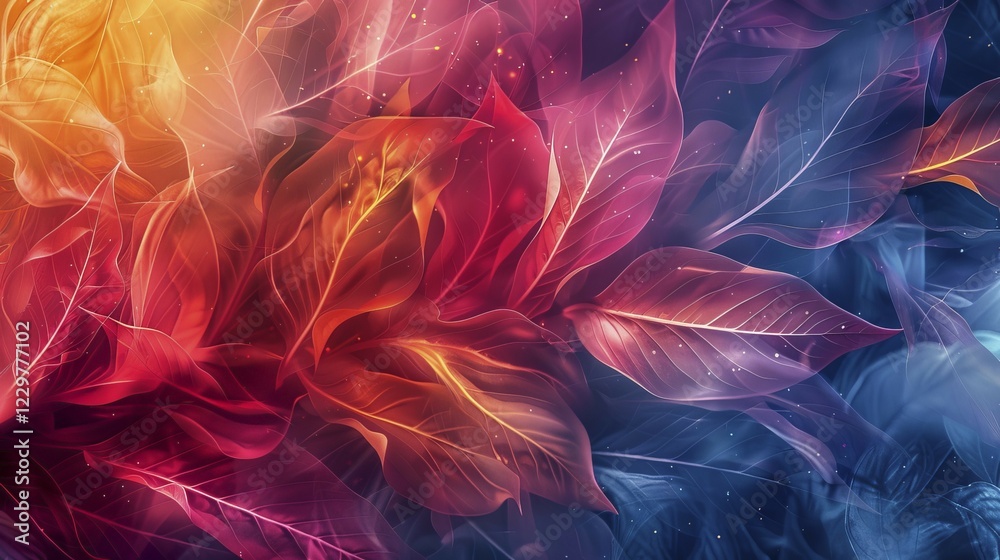 Obraz premium Abstract digital art with vibrant red, orange, purple, and blue leaves on a dark background, AI generated
