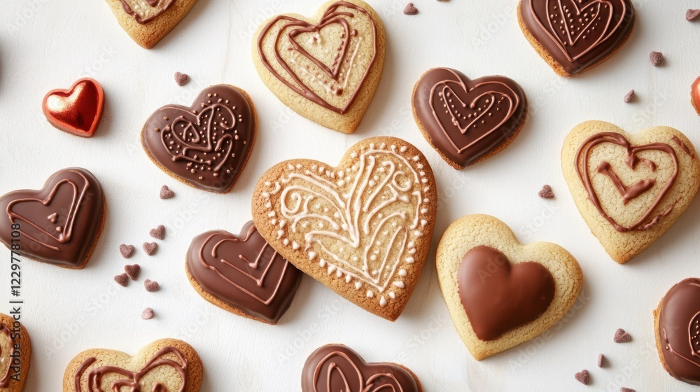 A collection of Valentine cookies with intricate designs, surrounded by small chocolate candies A collection of Valentine cookies with intricate designs, surrounded by small chocolate candies