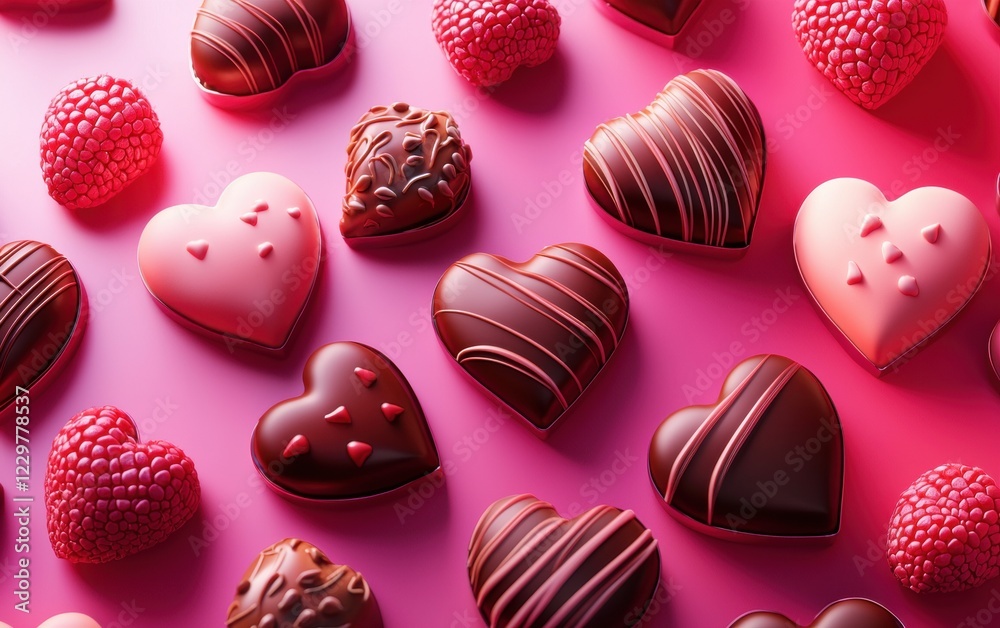 Obraz premium n assortment of colorful heart-shaped candies and chocolates, artistically arranged on a raspberry-to-strawberry gradient background. Valentines Day and 8 March theme
