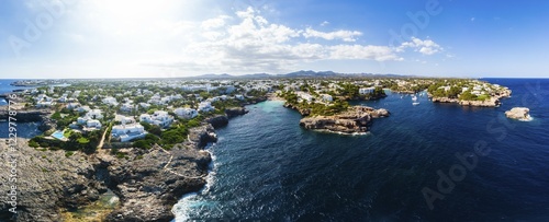 Aerial view, Punta des Jonc and Cala Marcal bay with villas and yachts, Portocolom, Felanix region, Majorca, Balearic Islands, Spain, Europe photo