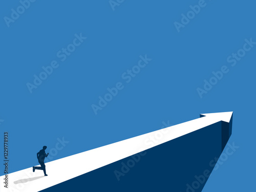 Business goal, businessman running on arrows pointing in the direction of success