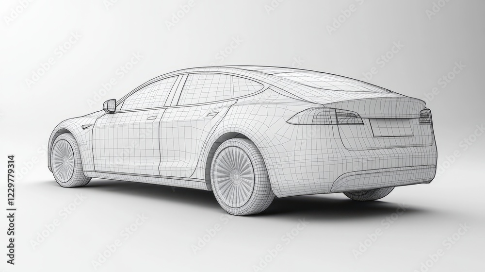 Fototapeta premium A white car with a black stripe on the side. The car is parked on a white background