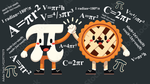 Pi Pie Duo, Two friendly characters one shaped like the π symbol and the other as a classic pie with lattice crust. They are high fiving in celebration