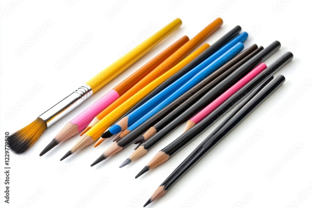 A vibrant collection of art pencils and brushes neatly arranged, showcasing a variety of colors and styles for artistic inspiration. A vibrant collection of art pencils and brushes neatly arranged, showcasing a variety of colors and styles for artistic inspiration.