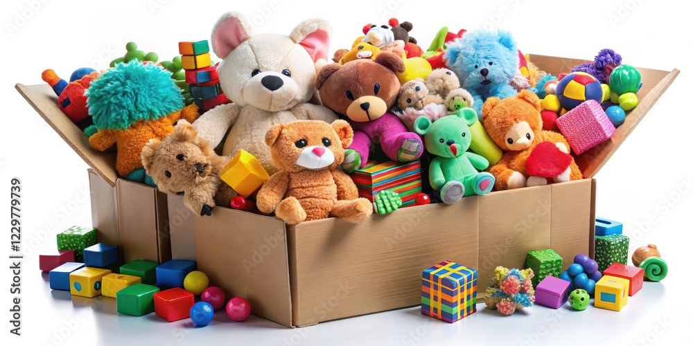 Obraz premium A charity donation box filled to the brim with a colorful array of toys including stuffed animals, blocks and puzzles, all jumbled together in a joyful mess, donations, toys