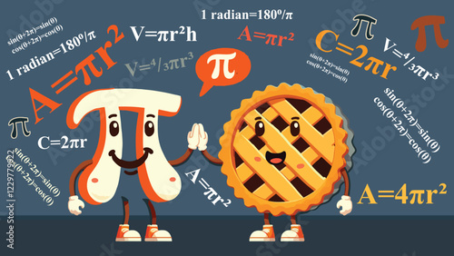 Pi Pie Duo, Two friendly characters one shaped like the π symbol and the other as a classic pie with lattice crust. They are high fiving in celebration