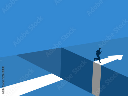 Steady in direction, challenging, businessman jumps across gap following arrow