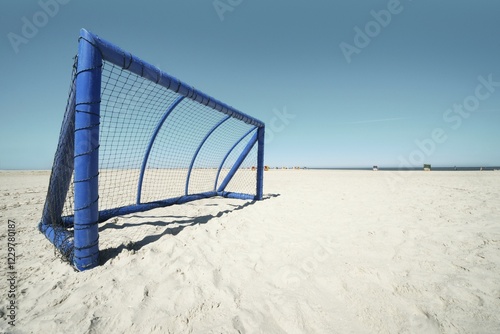 Blue football goal at the sandy beach, Amrum, North Frisia, Schleswig-Holstein, Germany, Europe photo