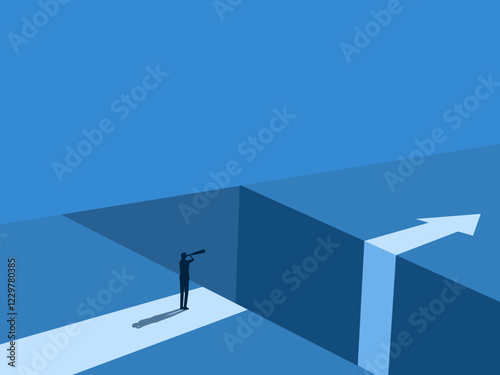 Businessmen look far into the future on arrows pointing through gaps